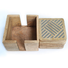 Load image into Gallery viewer, SAVON Wooden Coaster Set of 6 With Holder Square Geometric Lines Gray For Drinks Office Desk
