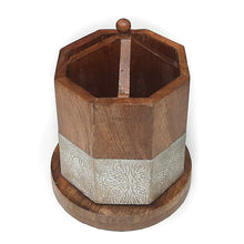 Load image into Gallery viewer, SAVON Round Wooden Pen Stand Stationary Holder Rustic Spinner Organizer (Fleur De Lis)