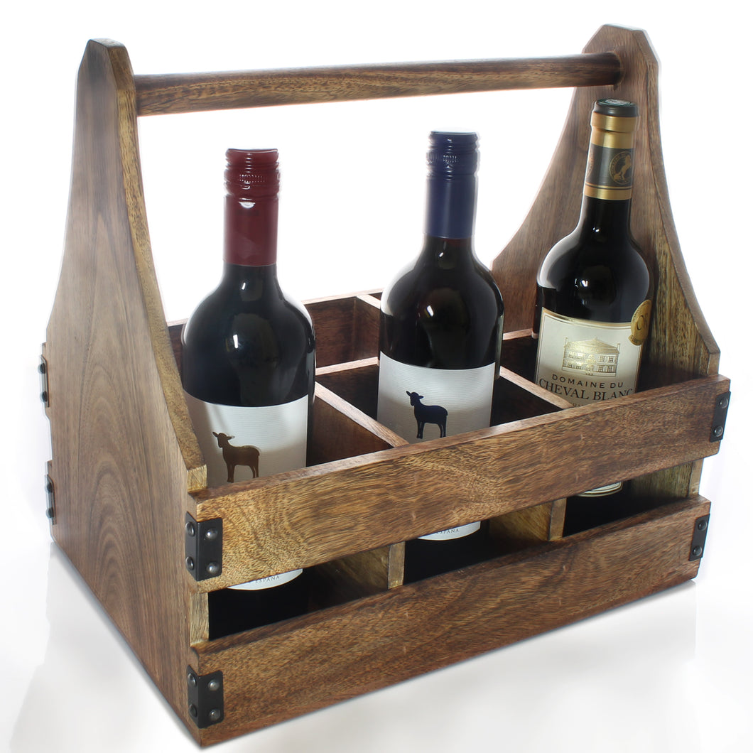 SAVON 6 Bottle Wine Rack Carrier Caddy Crate 14 inch Wood Rustic Glasses Beer Holder
