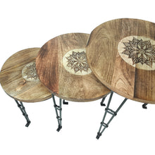 Load image into Gallery viewer, Nesting Coffee Tables Hand Carved Solid Wood Top Black Metal Legs(Set of 3)