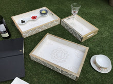 Load image into Gallery viewer, Rustic Wood Tray set of 3 torched nesting hand carved set white flowers wooden