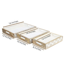 Load image into Gallery viewer, Rustic Wood Tray set of 3 torched nesting hand carved set white flowers wooden