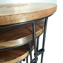 Load image into Gallery viewer, Nesting Coffee Tables Hand Carved Solid Wood Top Black Metal Legs(Set of 3)