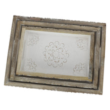 Load image into Gallery viewer, Rustic Wood Tray set of 3 torched nesting hand carved set white flowers wooden
