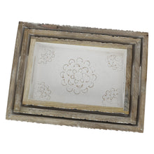 Load image into Gallery viewer, Rustic Wood Tray set of 3 torched nesting hand carved set white flowers wooden