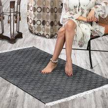 Load image into Gallery viewer, Cotton Area Rug Woven Black White argyle Frills 1188