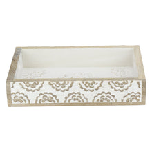 Load image into Gallery viewer, Rustic Wood Tray set of 3 torched nesting hand carved set white flowers wooden