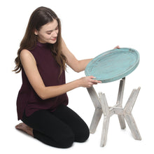 Load image into Gallery viewer, Serving Table Wood Side end Round Blue Rustic Wooden Tray Collapsible Distressed