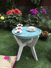 Load image into Gallery viewer, Serving Table Wood Side end Round Blue Rustic Wooden Tray Collapsible Distressed