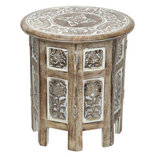 Load image into Gallery viewer, Small Rustic Wood Table Round White Side end Carved Indian Coffee Accent
