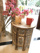 Load image into Gallery viewer, Small Rustic Wood Table Round White Side end Carved Indian Coffee Accent
