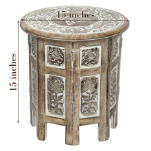 Load image into Gallery viewer, Small Rustic Wood Table Round White Side end Carved Indian Coffee Accent
