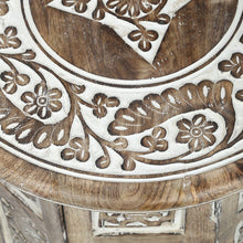 Load image into Gallery viewer, Small Rustic Wood Table Round White Side end Carved Indian Coffee Accent
