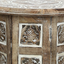 Load image into Gallery viewer, Small Rustic Wood Table Round White Side end Carved Indian Coffee Accent
