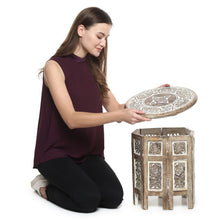 Load image into Gallery viewer, Small Rustic Wood Table Round White Side end Carved Indian Coffee Accent
